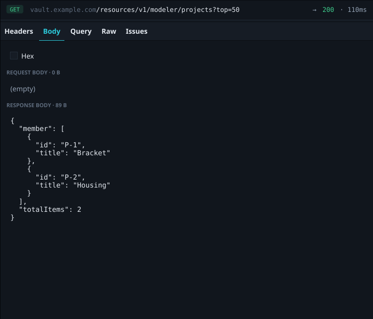 The Body tab showing an indented JSON response.