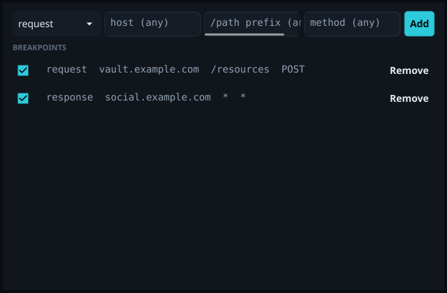 The breakpoint list: a request breakpoint on POST calls to one host's /resources path, and a response breakpoint on another host.
