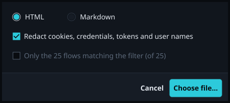 Export report options: HTML or Markdown, redact, and only the flows matching the filter.