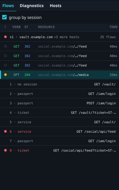 The request list grouped by session, followed by the session's login steps; two steps where the service sent the user back to the login server are in red.