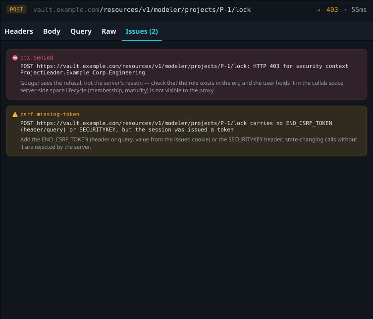 The Issues tab with two issues: access denied for the security context, and a missing anti-forgery token.