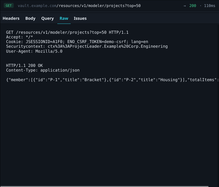 The Raw tab: the request and response as text.