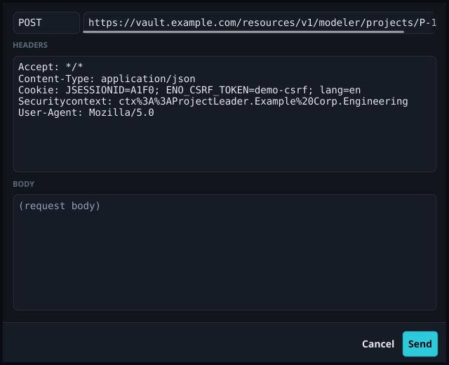The replay editor: method, address, headers and body, with Cancel and Send.