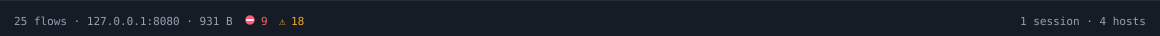 The status bar: 25 flows, the proxy address, 931 B, 9 errors, 18 warnings, 1 session, 4 hosts.