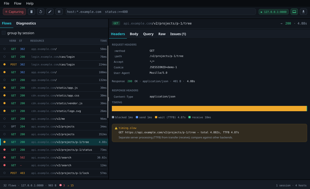The Gouger window: a list of captured requests on the left, the selected request's headers, timing and a slow-response diagnosis on the right.